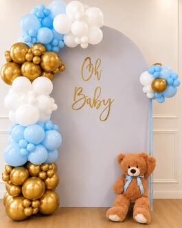 Modern Oh Baby Party Backdrop with Blue Balloon Arch