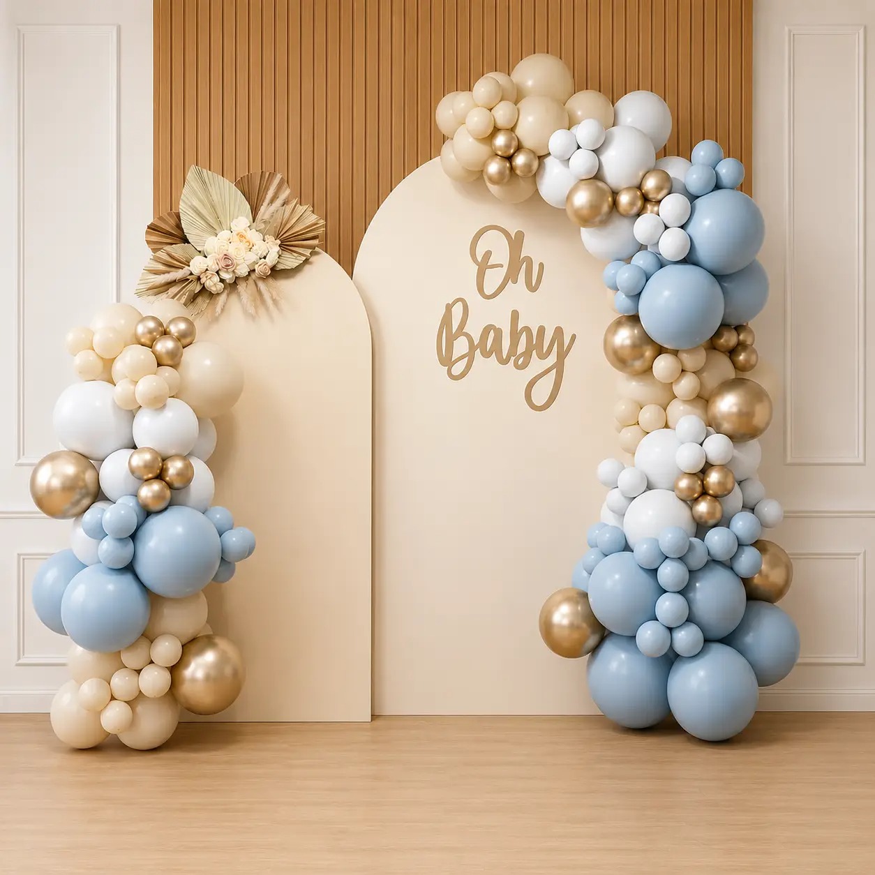 Elegant Oh Baby Balloon Decoration with Blue & Gold Arch Backdrop